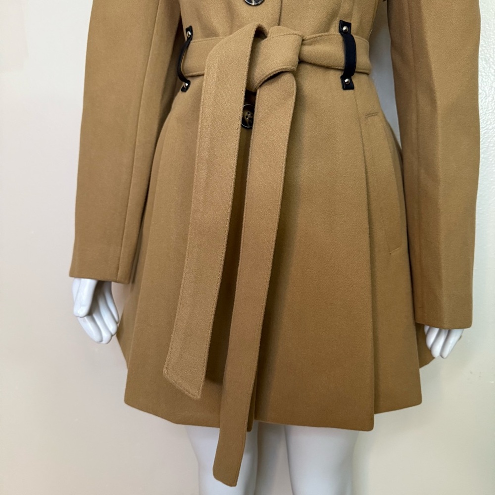 Khaki single breasted lapel collar A-line pleated flare belted pea coat - Picture 5 of 12